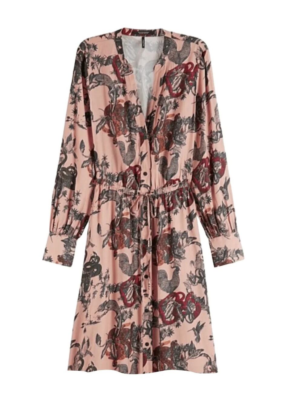 Scotch & Soda Printed Silk Midi Dress Pink Waist Tie Long Sleeve Women's XS